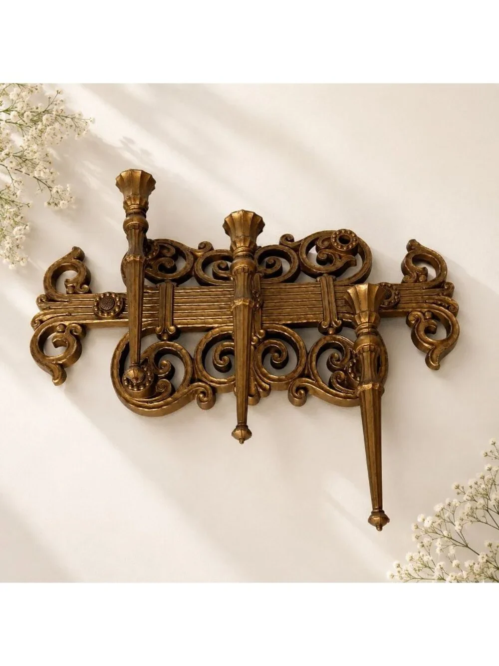 Vintage Homco Sconce Wall Decor 3 Arm Candelabra Regency Gold 70s Candle Holder
